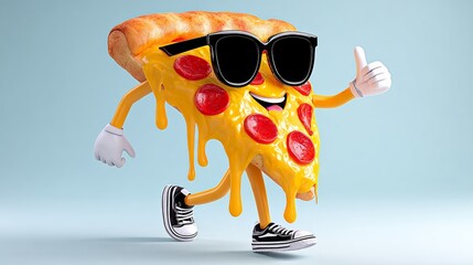 A cartoon pizza character wearing sunglasses and a smiley face. The pizza is covered in cheese and has a slice missing