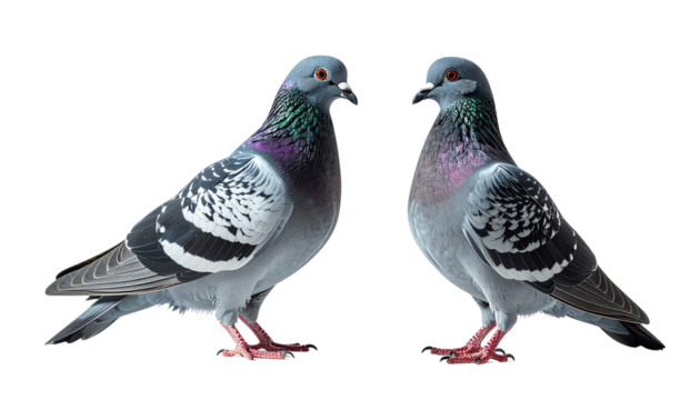 Two pigeons in side profile isolated on transparent background
