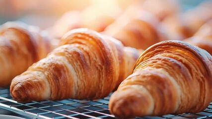 Golden croissant with flaky layers baked to golden perfection on cooling rack fresh pastry delicious breakfast food close up warm light inviting aroma crispy crust texture - Powered by Adobe