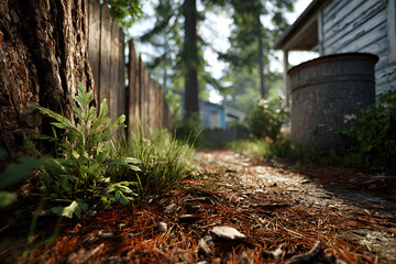 Obraz premium Pine bark lying in the yard in front of the house, visible fence and septic tank.