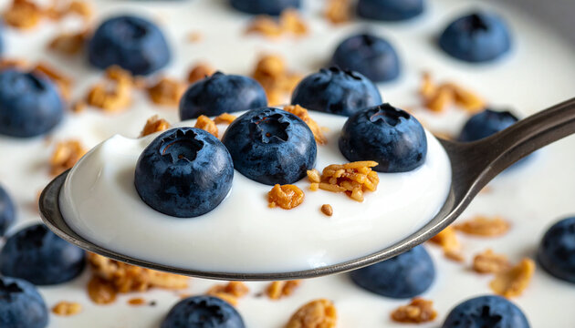 Creamy yogurt spoonful with blueberries and crunchy granola, macro close-up