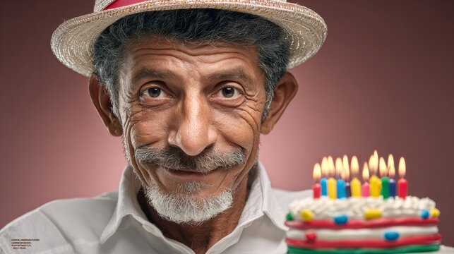A man with a white shirt and a straw hat is holding a cake with candles. He is smiling and looking at the camera