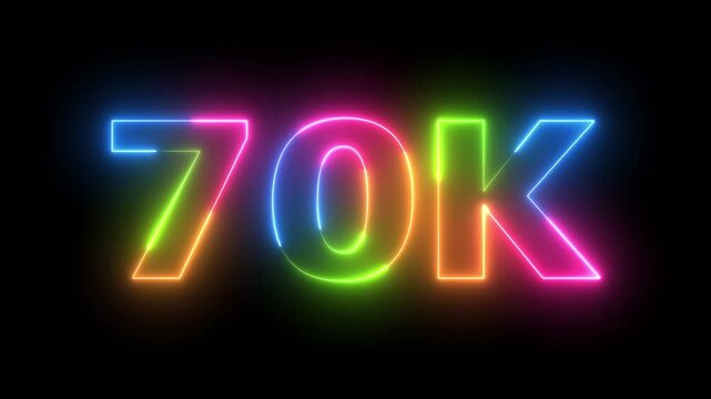 Neon Text 70K Views Display Motion Graphic, Colorful Neon Number Animated on Black Background