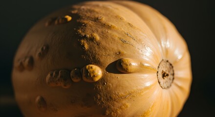 Close up of a textured pumpkin with a warm natural color palette