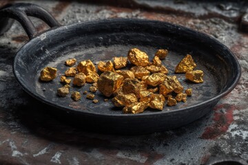Natural gold nuggets on rough industrial surface with pan