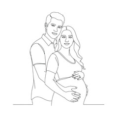 Obraz premium Line art illustration of a man embracing a pregnant woman with hands on her belly smiling silhouette