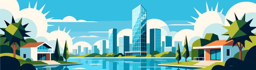 Obraz premium Vector cityscape with modern buildings on blue textured background