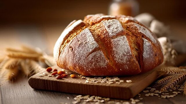 Freshly baked round bread loaf with crusty flour dusting on wooden board surrounded by wheat grains and ears creating warm rustic cozy bakery atmosphere