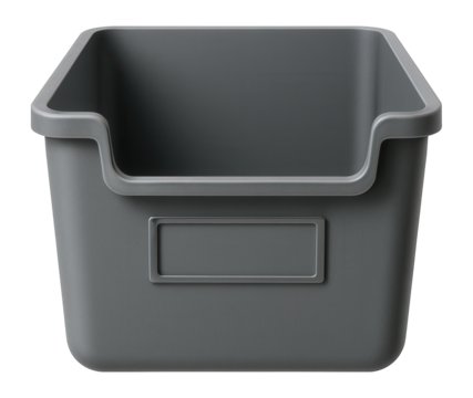 Spacious plastic bin with built-in label holder for retail inventory management.