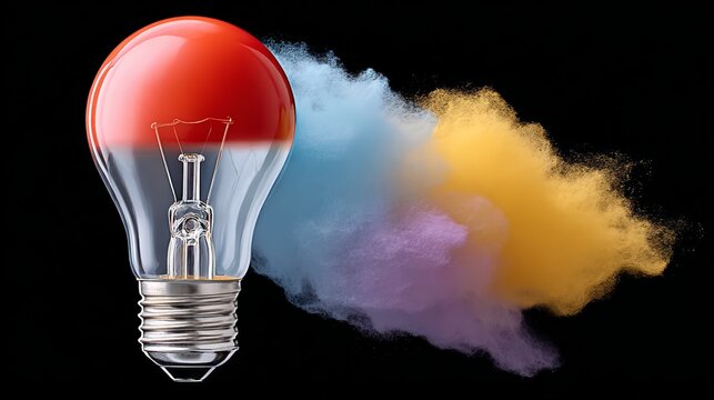 A light bulb with a red and orange base and a blue and yellow base. The light bulb is surrounded by a cloud of colorful smoke - Powered by Adobe