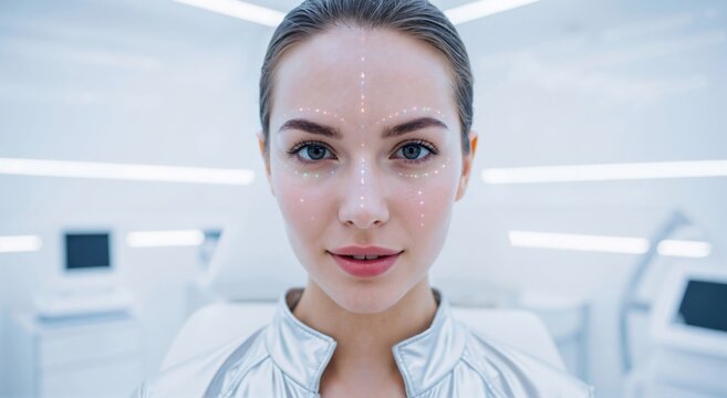 Young caucasian woman with digital light dots on face. Artificial intelligence and face recognition concept. Future biometric technology application.