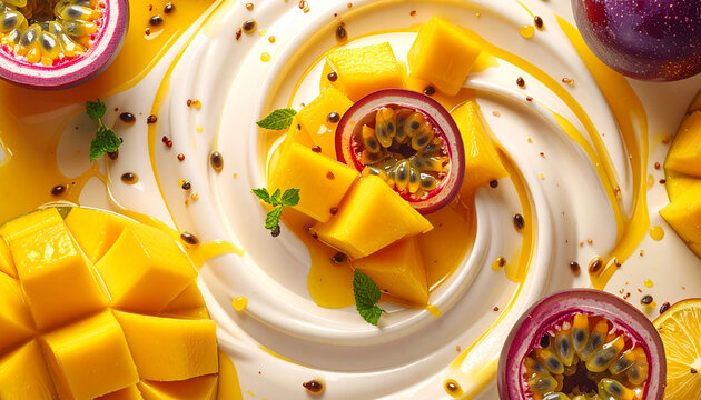 Yogurt topped with mango and passion fruit in a swirling top-down pattern