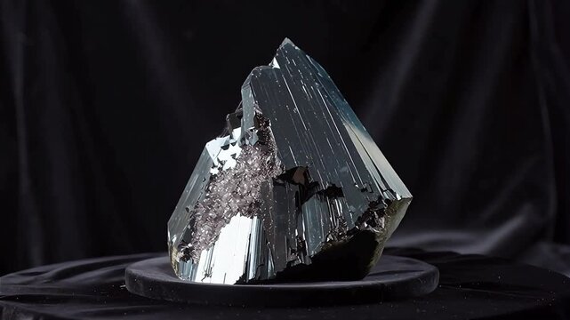 Orbiting 360-degree turntable video of a giant metallic hematite crystal on black velvet background, showcasing its reflective dark luster, sharp facets, natural geometric formation under studio light