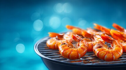 Freshly grilled shrimp sizzle on the barbecue grill, releasing a mouthwatering aroma. The backdrop features a sparkling blue pool, perfect for a sunny afternoon gathering