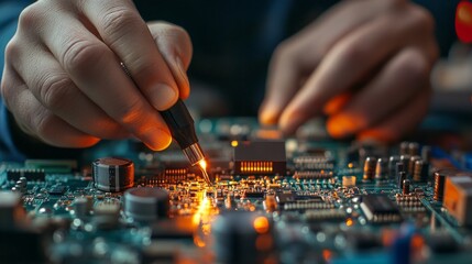 Naklejka premium Hands of a man soldering microchips on an electronic board with bright flashes of light. Used in the context of electronics repair, engineering, manufacturing 