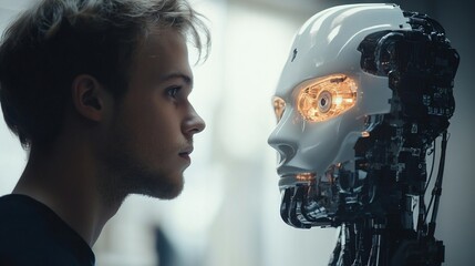 A young man and a robot with a burning eye in semi-darkness.
Suitable for articles about the future, artificial intelligence, technology, science fiction, discussion of the ethics of robotics.