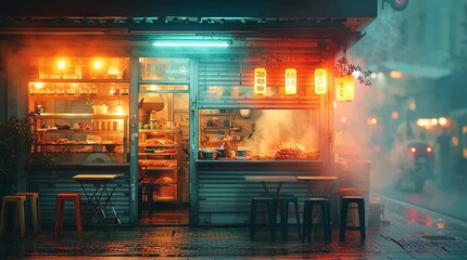 Vibrant street food stall illuminated at night with enticing aromas.