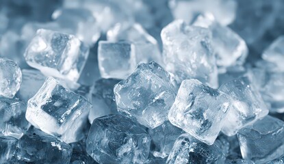 Close Up View of Transparent Crushed Ice Cubes with Blue Tones and Light Reflections
