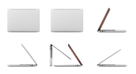 Modern laptop mockup with multiple angles transparent background cutout png