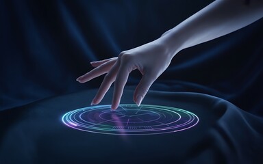 A hand reaching out to touch a glowing digital interface with futuristic technology and data visualization