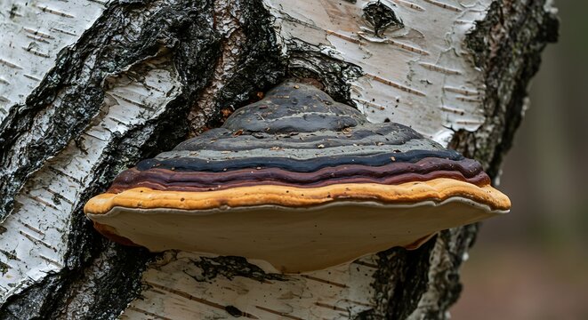 Close up of a vibrant bracket fungus growing on a birch tree trunk