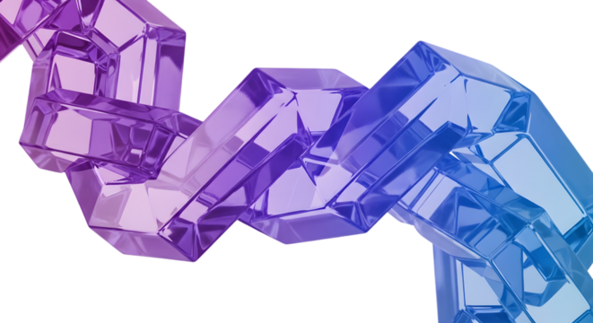 Interlocking Chain of Geometric Violet Blue Translucent Blocks on Transparent Background