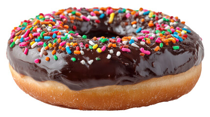 A chocolate donut with sprinkles on transparent background	
