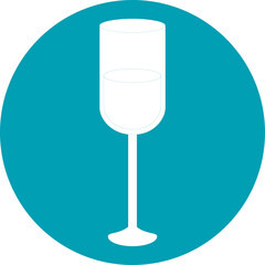 White silhouette of a champagne flute filled with liquid inside a teal circle on a transparent background abstract illustration