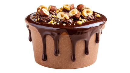 Chocolate cake with nuts and dripping sauce on transparent background	
