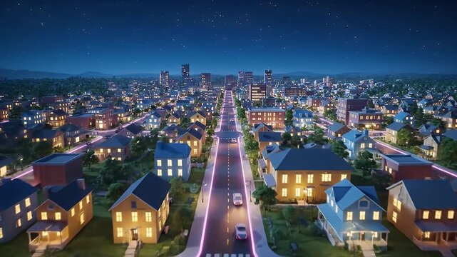 Dynamic Animated Flyover of a Connected Smart City at Night with Luminous Data Streams - Powered by Adobe