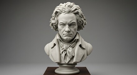 Classical bust of composer with stern expression on neutral background