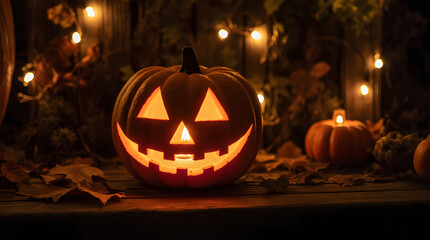 Fototapeta premium Glowing Classic Jack-o-Lantern on a Porch at Dusk