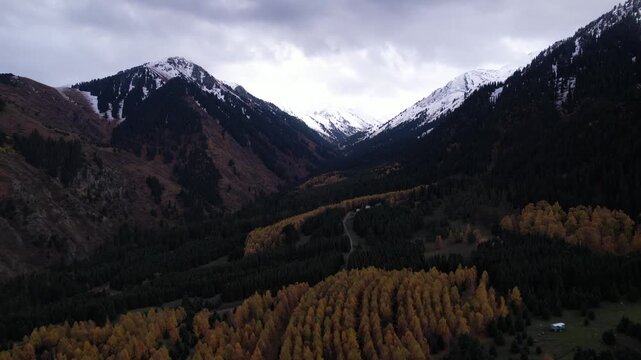 Breathtaking Aerial View of Majestic Snow-Capped Mountains Surrounded by Vibrant Autumnal Forests and Rolling Valleys in a Serene Landscape