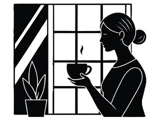 Vector art of silhouette of woman drinking coffee by window