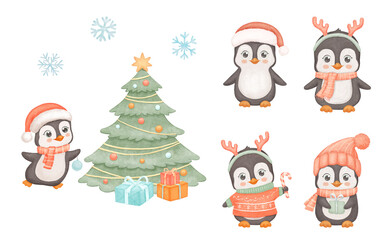 Cute penguin with Santa hat, Christmas tree. Funny animal isolated on white background. Childish watercolor winter illustrations set for kids