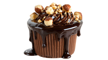 Chocolate cake with nuts and dripping sauce on transparent background	
