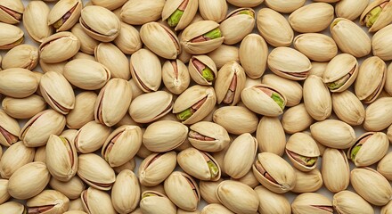 Close up of many pistachio nuts with open shells on a white background