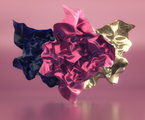 Abstract wrinkled colored foil or fabric floating. Fashion product backdrop, 3d render