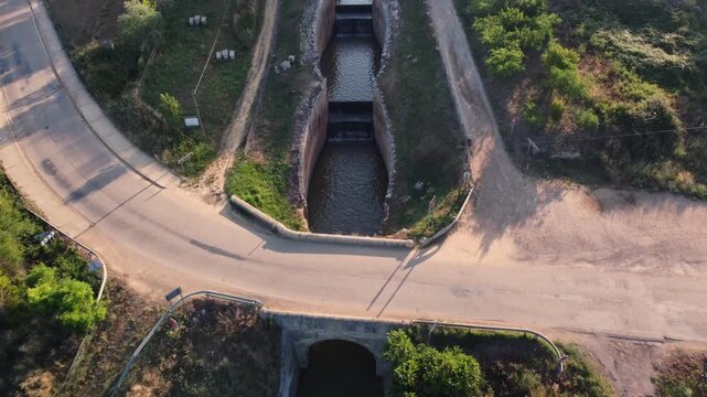 Aerial View of the Esclusa Cu&aacute;druple del Canal de Castilla, Fr&oacute;mista, Spain &ndash; Engineering Landmark on the Camino de Santiago