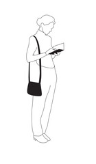 Woan reading Book while waiting with handbag – Black and White Line Art Architectural Style Vector Illustration