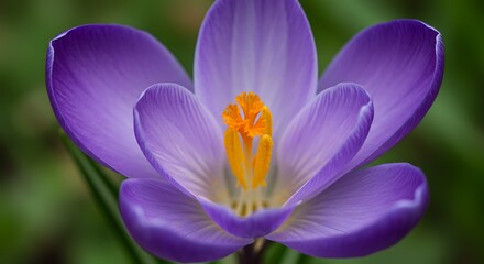 Close up of a vibrant purple crocus flower with yellow stamen details