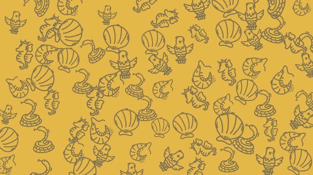 Animated Sea Creatures Pattern Birds Snakes Seahorses Shells and Shrimp on Mustard Yellow Background.