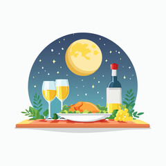 Romantic dinner setup under bright full moon