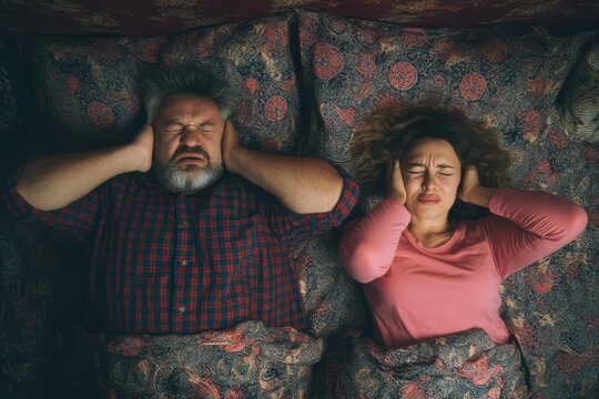 Angry Woman in Bed with Snoring Man, Top View