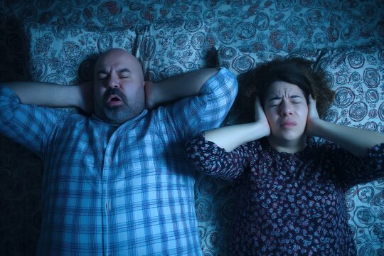 Angry Woman in Bed with Snoring Man, Top View
