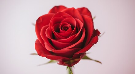 Close up of a vibrant red rose in full bloom against a soft background