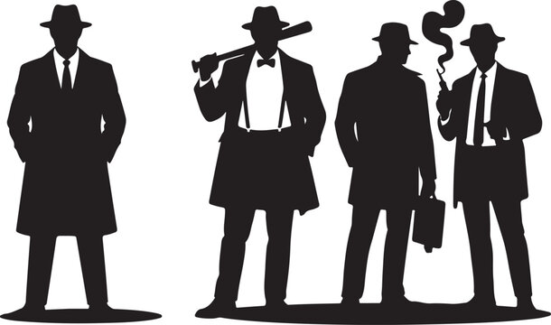 Four men in fedoras and trench coats silhouette group