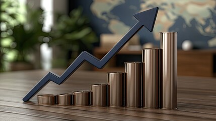 A hand places a blue arrow on top of a wooden bar graph set against a world map, symbolizing business growth and expansion in a global market context