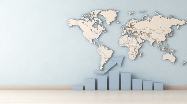 A hand places a blue arrow on top of a wooden bar graph set against a world map, symbolizing business growth and expansion in a global market context
