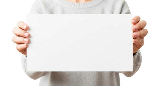 Woman holding blank white cardboard in front of gray sweater against plain background - Powered by Adobe